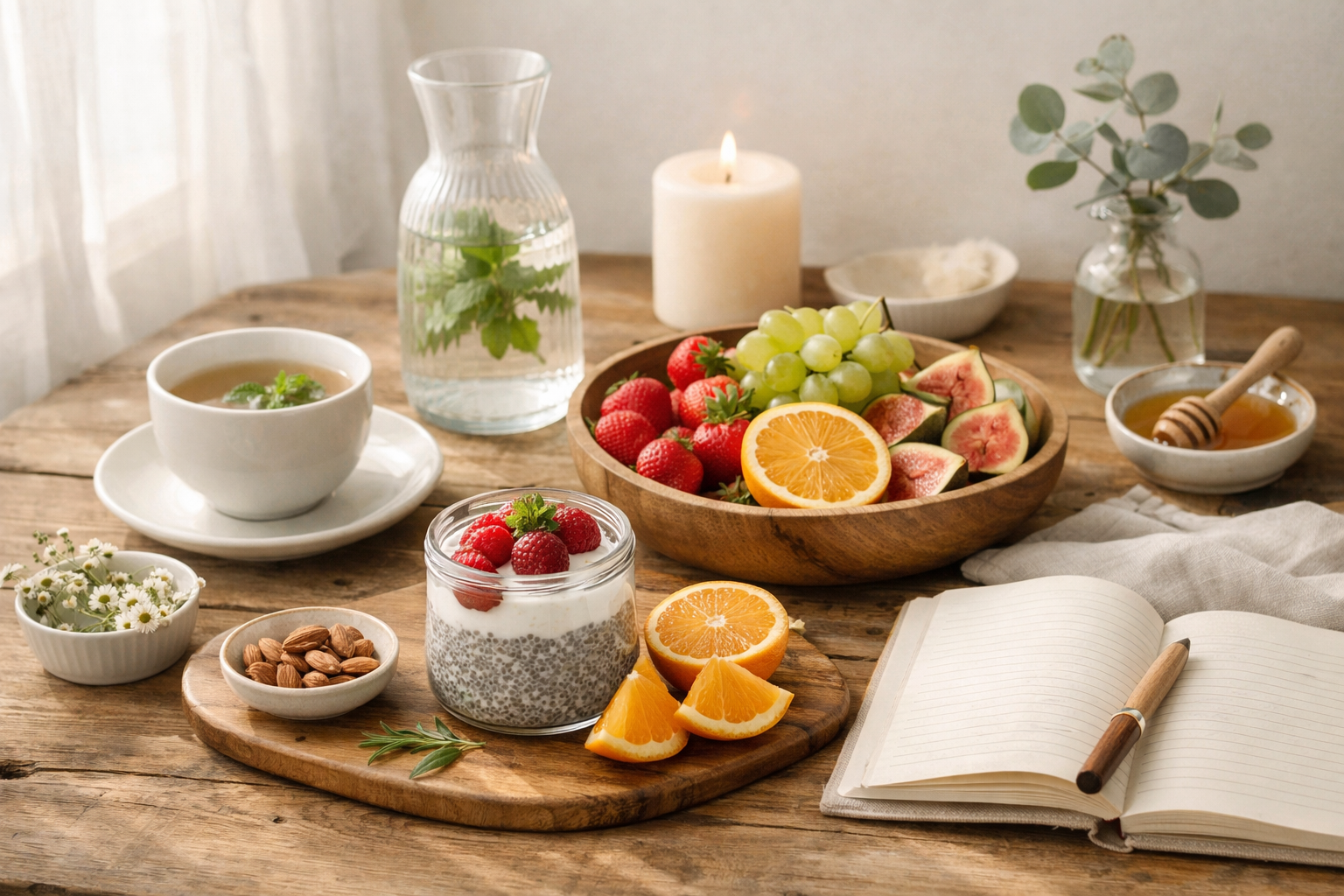 peaceful morning routine with natural light, fresh fruits and herbs on wooden table, soft neutral tones, wellness lifestyle photography