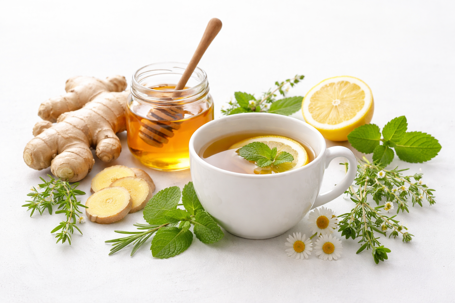 natural herbal tea ingredients, fresh ginger root, honey jar, ceramic cup, minimalist composition on light background